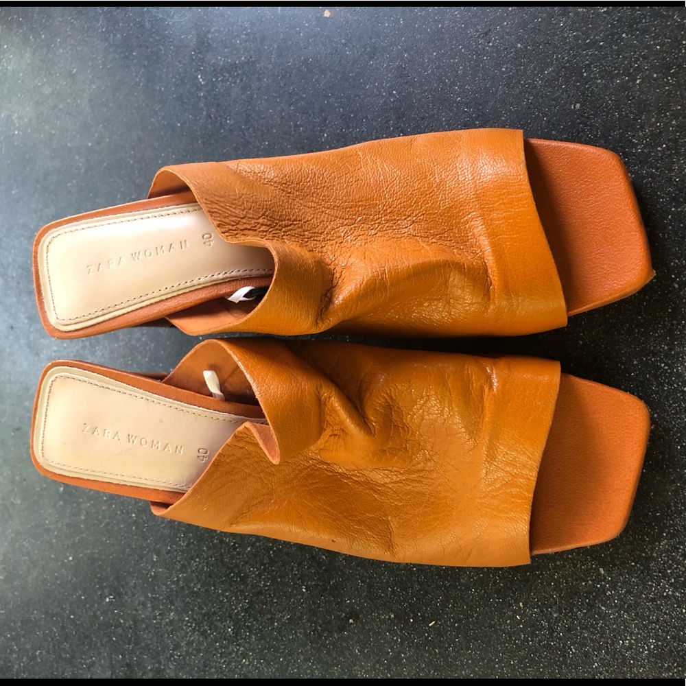 Zara orange leather heeled mule sandal